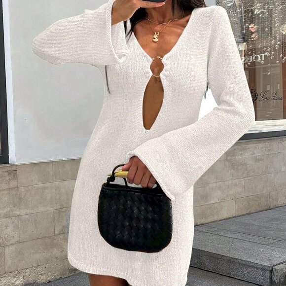 White Women's Sexy Metallic Ring Hollow Deep V-Neck Knit Wrap Knit Mini Dress - Picture 4 of 8